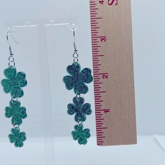 Clover St. Patricks Day Acrylic Dangle Earrings - Picture 2 of 4